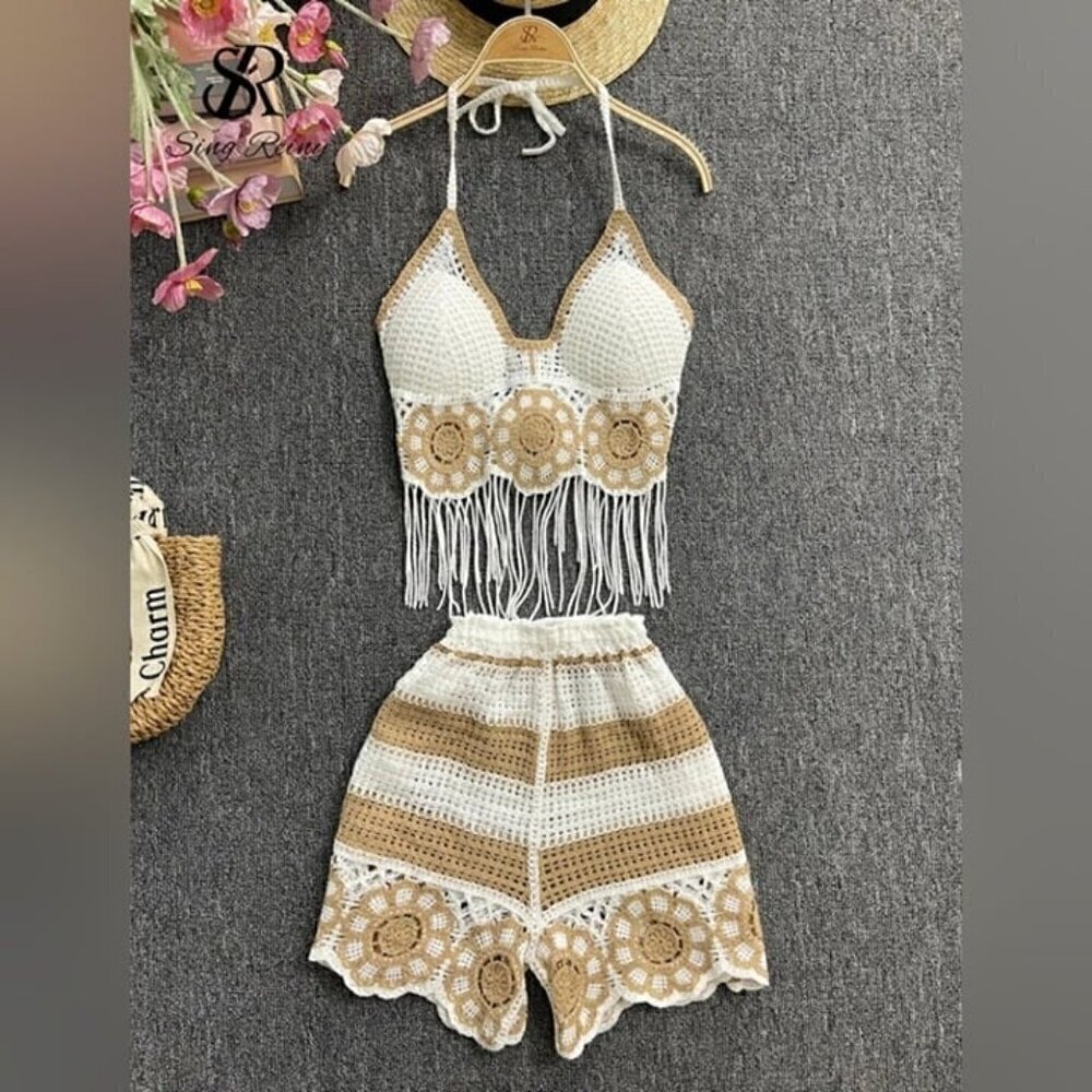 Summer fashion matching set crochet striped hollow short set